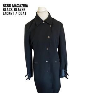 BCBG Maxazria Black Blazer Coat with leather details at cuffs. S: 14